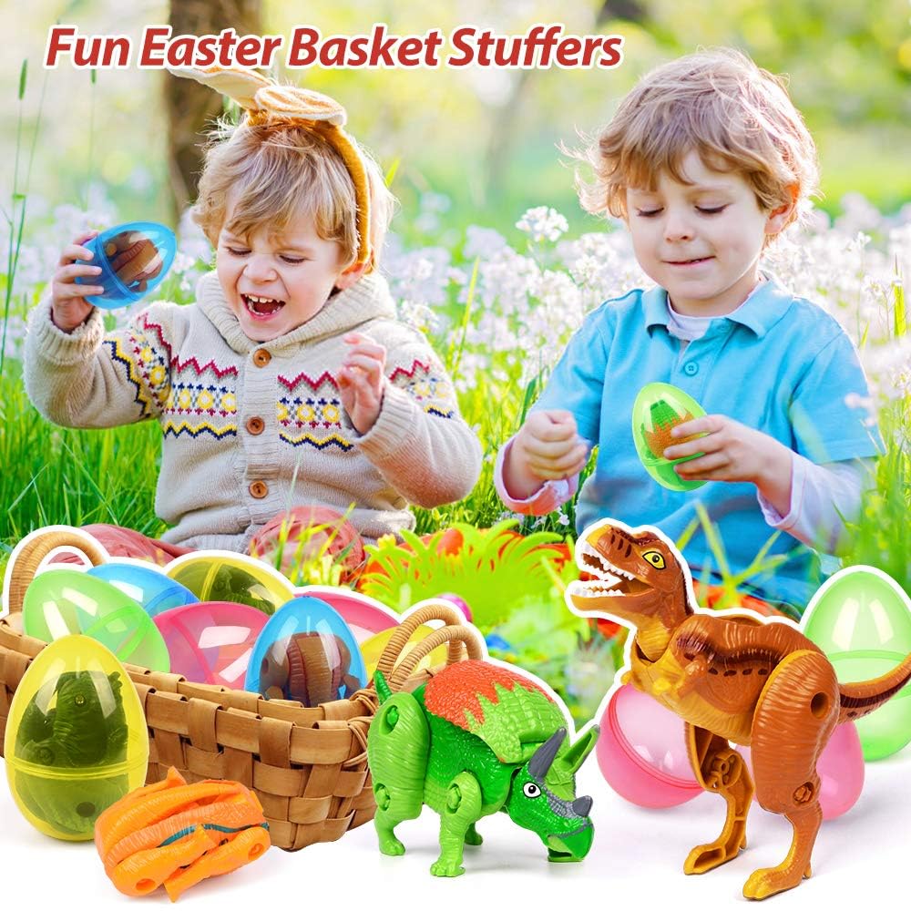 OCATO Easter Eggs Filled with Dinosaur Toys Jumbo Deformation Dinosaur Eggs Easters Egg Fillers Plastic Surprise Egg Easters Basket Stuffers Easter Party Favors for Kids Boys Girls Toddlers 6 Pack