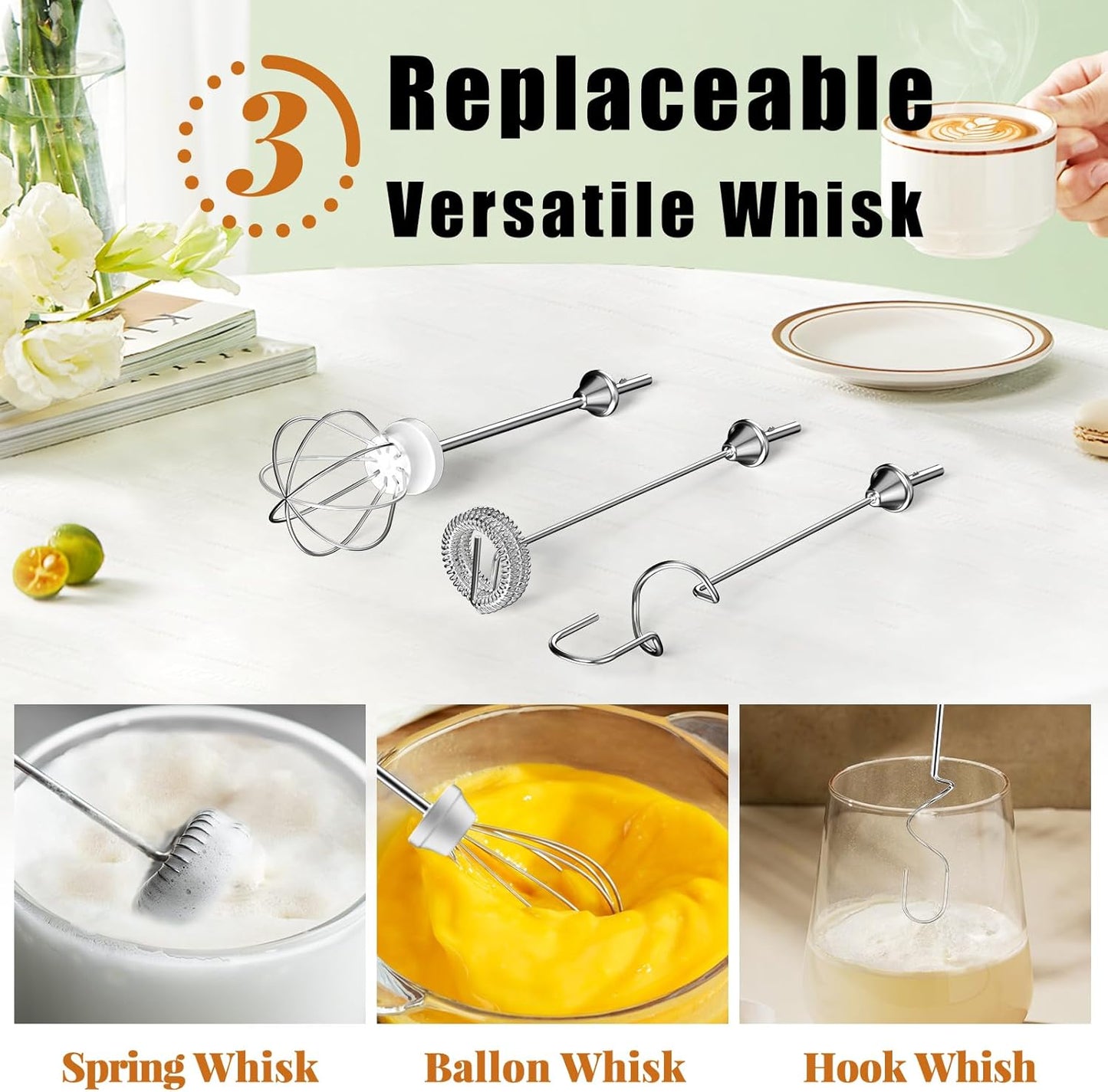 Nahida Black Milk Frother Wand - Handheld Electric Whisk Mixer with 3 Heads & 3 Speeds for Lattes, Cappuccinos & Hot Chocolate