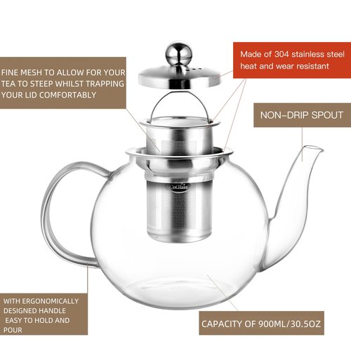 CNGLASS 900ml Glass Teapot with Removable Infuser,Clear Tea Kettle Stovetop Safe,Blooming and Loose Leaf Tea Maker
