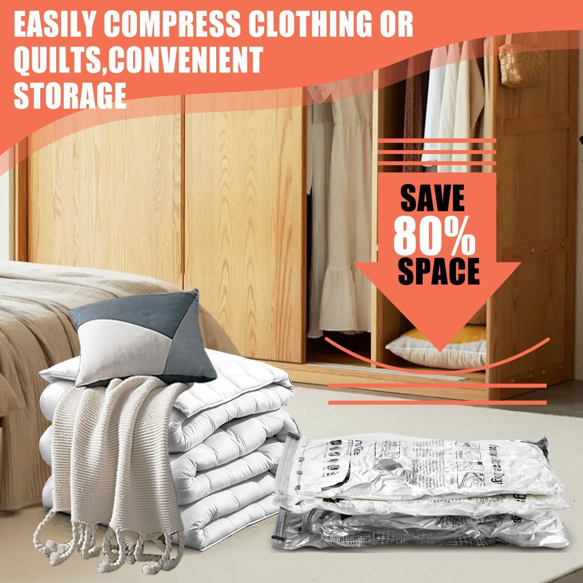 Skiennix Vacuum Storage Bags - Space Saver for Comforters & Blankets | 6 Medium Compression Bags with Hand Pump