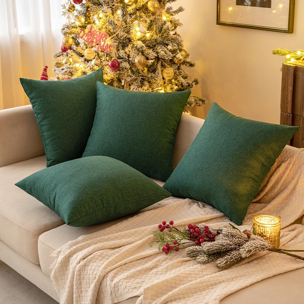 MIULEE Decorative Outdoor Throw Pillow Covers - Waterproof Faux Linen Cushion Cases | 20x20 Inch Emerald Green (Pack of 2)