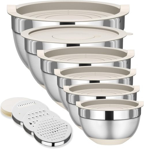 Fyrnova Mixing Bowls Set - 6-Piece Stainless Steel Nesting Bowls with Lids & Grater Attachments | Non-Slip Bottoms