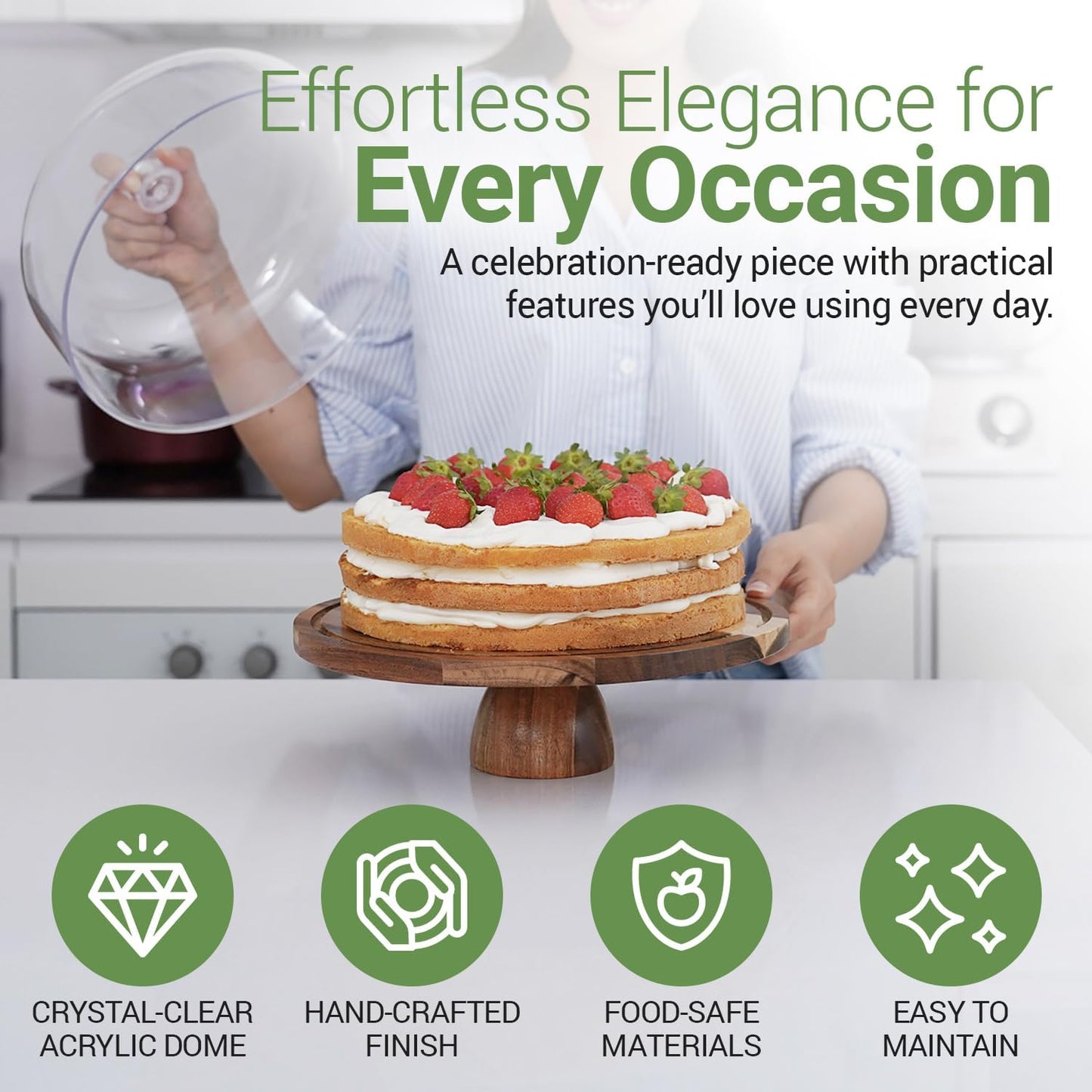 Linda’s Essentials Acacia Wood Cake Stand - 12-Inch Round Holder with Lid & Bonus Cake Sheets | Versatile Dome & Charcuterie Board