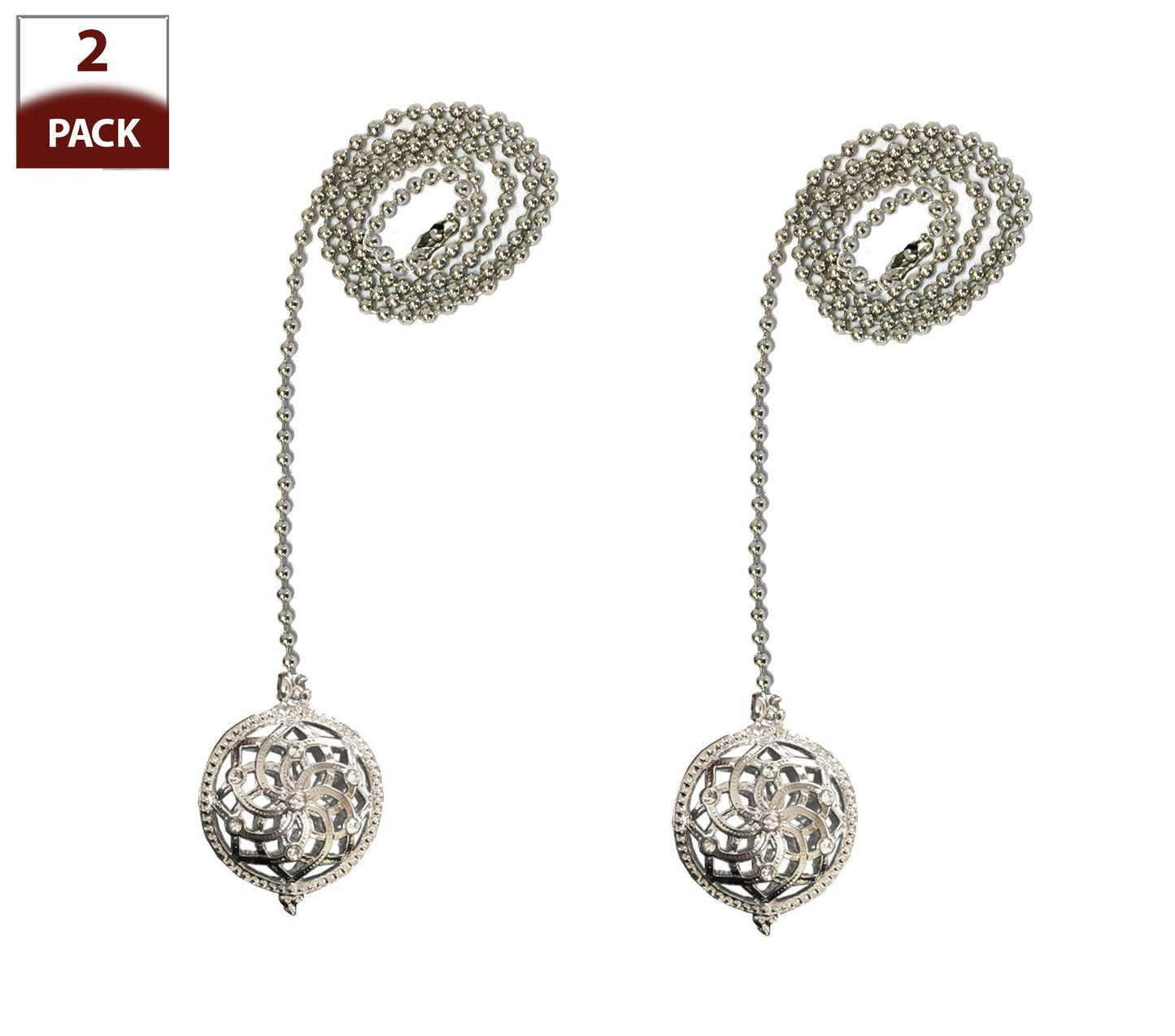 Royal Designs, Inc. FP-1028-CH-2 Adjustable Ceiling Fan Pull Chain Extension with Lustering Lotus Ornament, 24 inch, Chrome, 2-Pack