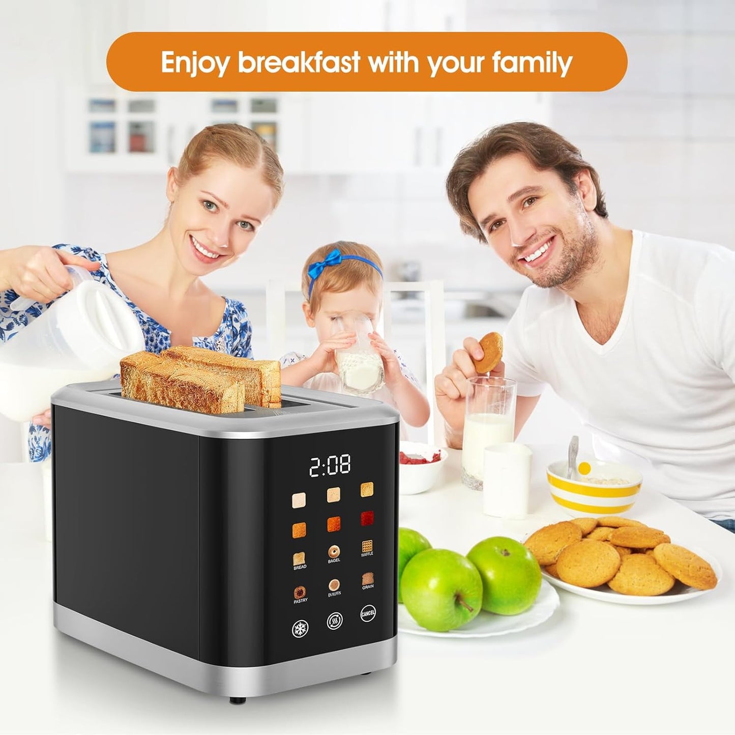 Skiennix 2-Slice Touch Screen Toaster - Digital Timer, 6 Bread Types & Shade Settings | Extra Wide Slots