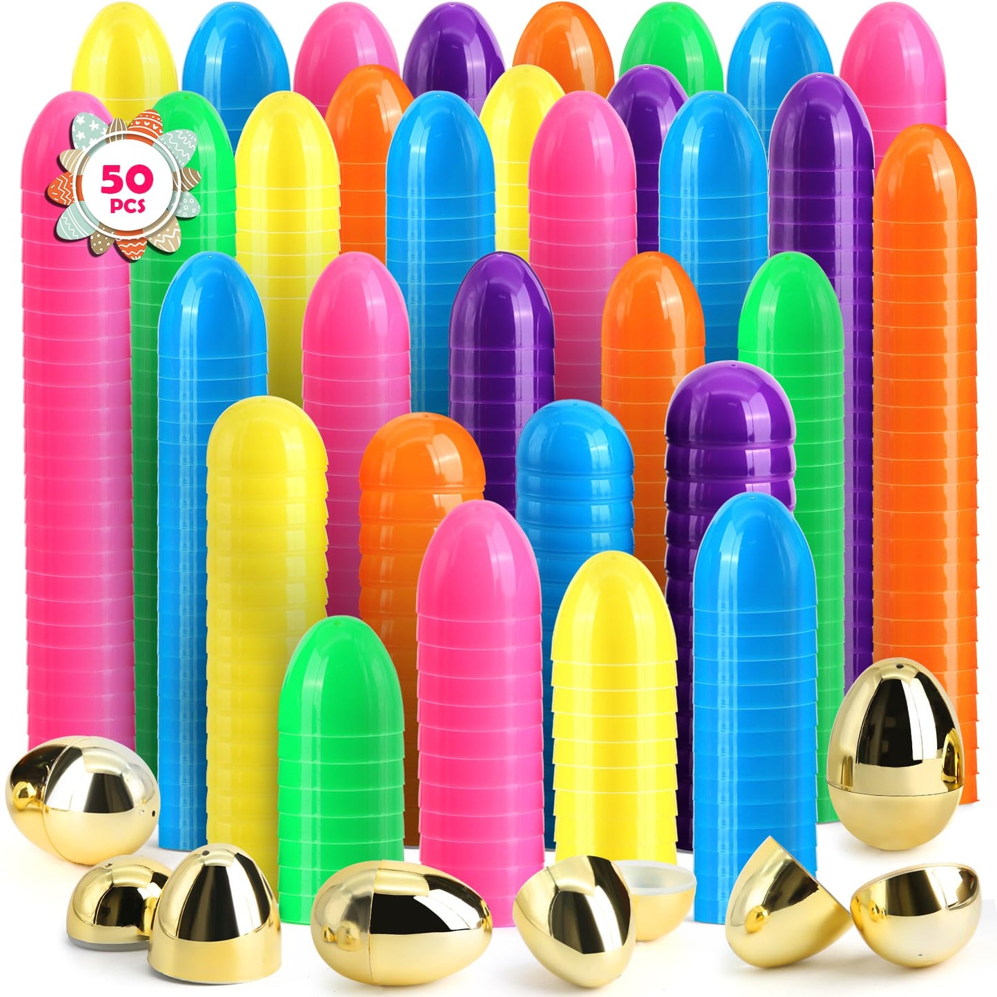 [6 Surprise Golden Eggs] 50 Pack 3 Inch Large Easter Eggs, Empty Easter Eggs Fillable, Bright Colors Plastic Eggs Bulks for Easter Hunt, Easter Party Favor, Basket Stuffers Fillers