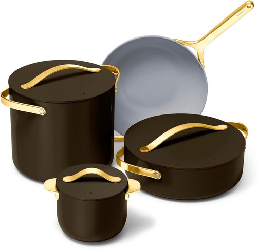 Caraway Cookware | Specialty Cookware Set - Petite Cooker, Stir Fry Pan, Rondeau & Stock Pot - Black with 3 Lids & Organizer