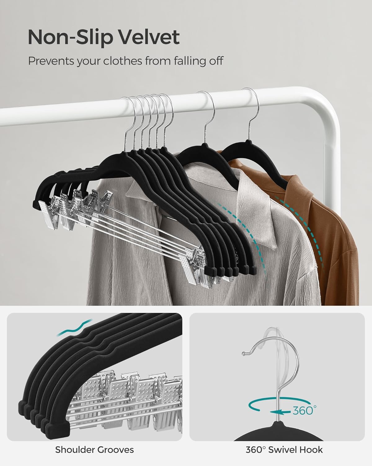 SONGMICS Velvet Pants Hangers - 50-Pack Adjustable Clips, Heavy-Duty Non-Slip Design, 16.7-Inch, Black