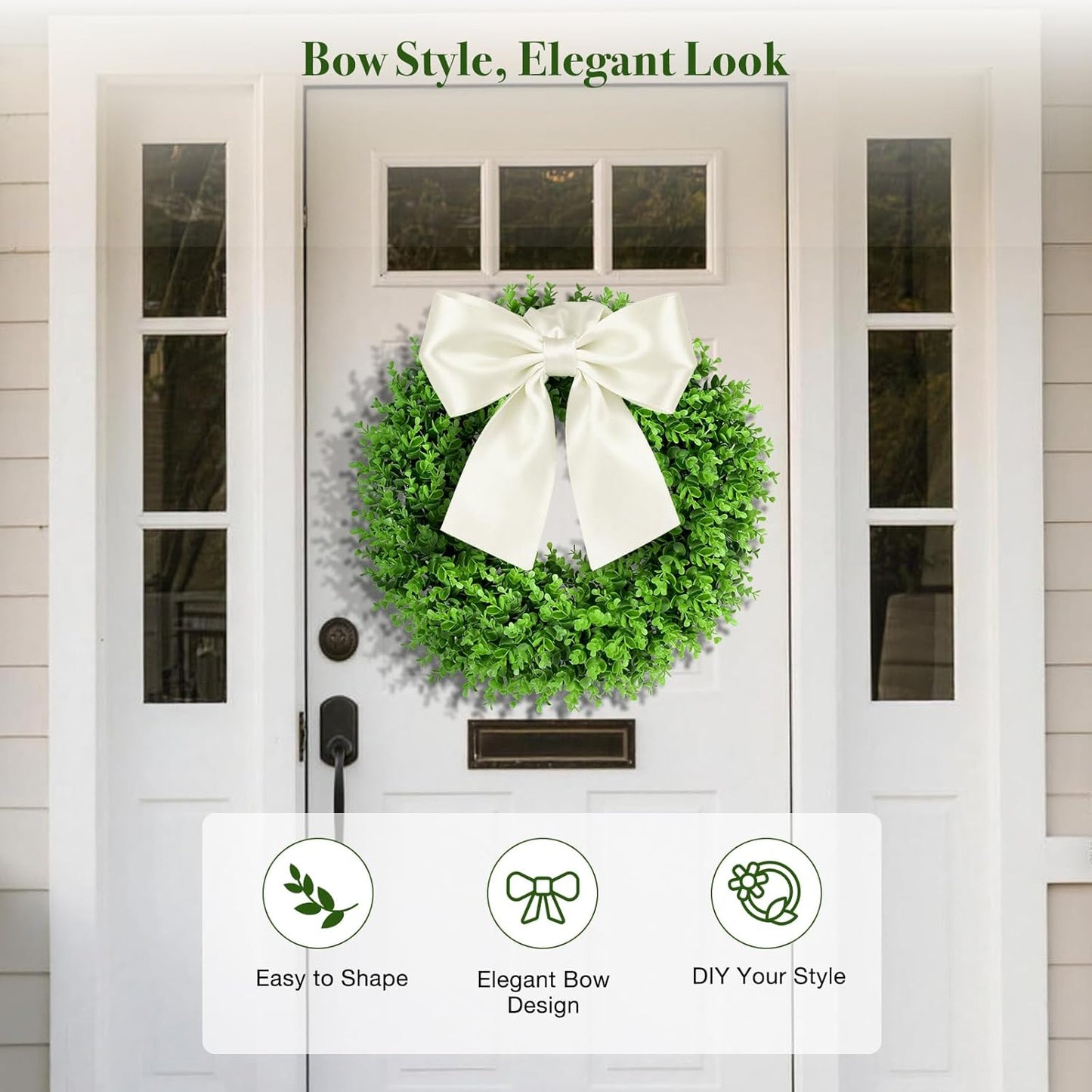 Regine Switzerland 24" Boxwood Wreath - Preserved Greenery with Sash | Perfect Summer Front Door Decor