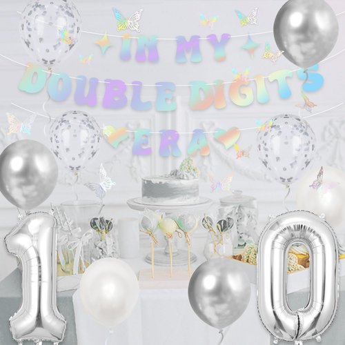Holkcog 10th Birthday Decorations Silver, In My Double Digits Era Banner, Happy 10th Birthday Decorations for Girls Boys Double Digits Party Supplies Silver Number 10 Balloon Butterfly 10 Party
