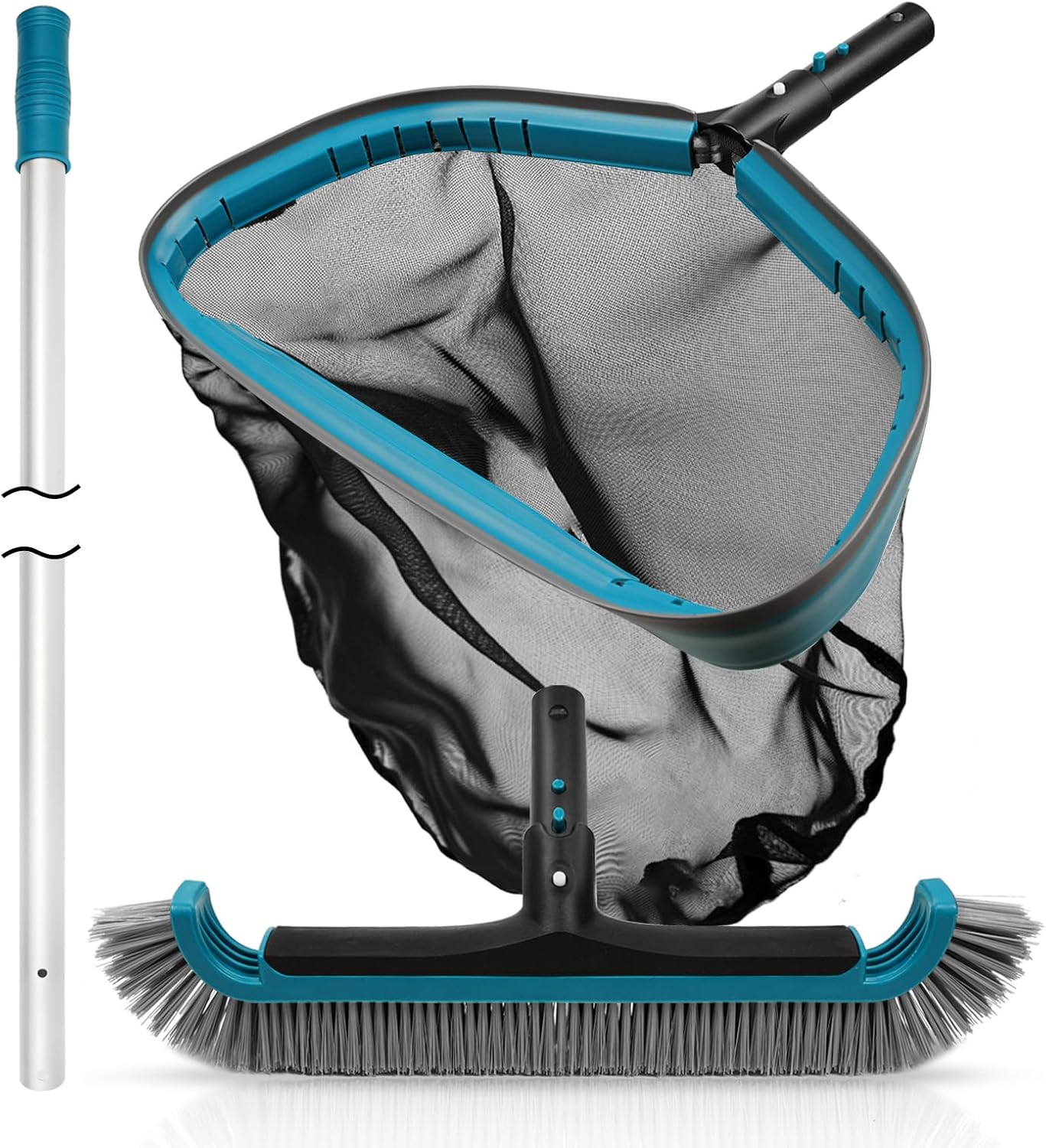 Skiennix Swimming Pool Cleaning Kit - Aluminum Frame Skimmer Net & 10Ft Adjustable Pole | 17.5” Brush Head