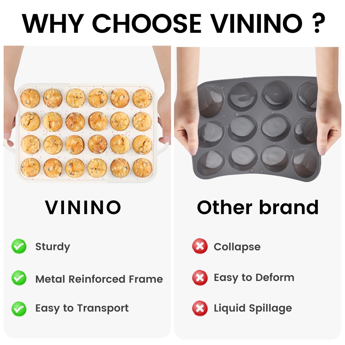 Vinino Mini Muffin Pan with Metal Reinforced Frame-2Pack, Silicone Cupcake Pan for Baking 24 Cup Mini Size, BPA Free Silicone Muffin Tray, Cupcake Baking Pan Molds for Oven Dishwasher Safe - Cream