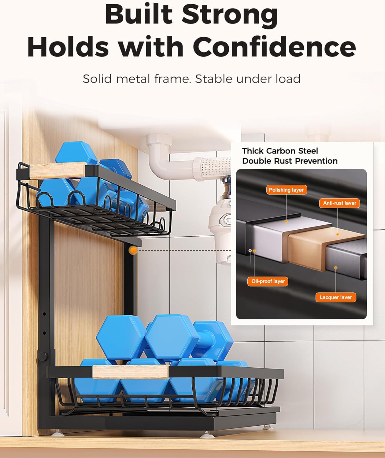 Sevenblue Under Sink Organizer - Height Adjustable 2-Tier Pull-Out Metal Storage | Multi-Purpose Shelves for Kitchen & Bathroom