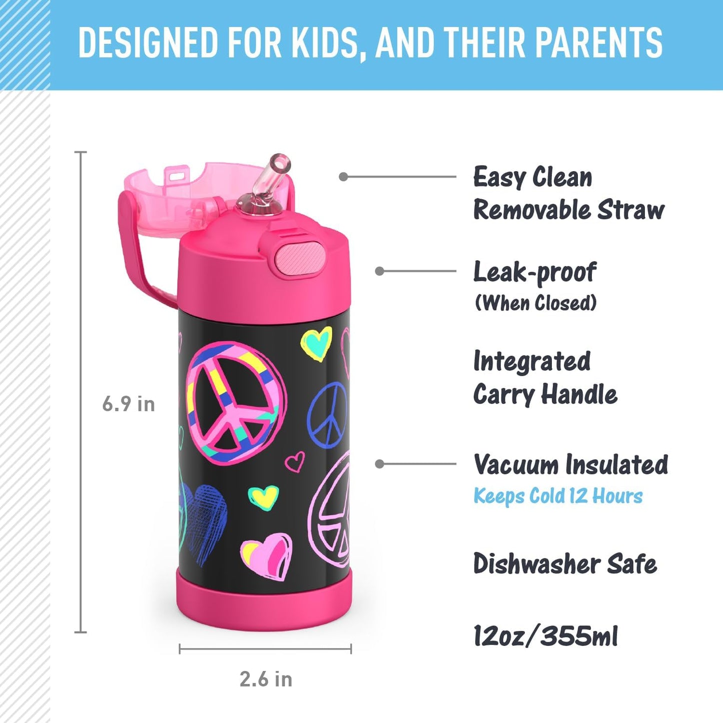 THERMOS FUNTAINER Water Bottle - 12 Ounce Kids Stainless Steel Vacuum Insulated - Peace Design