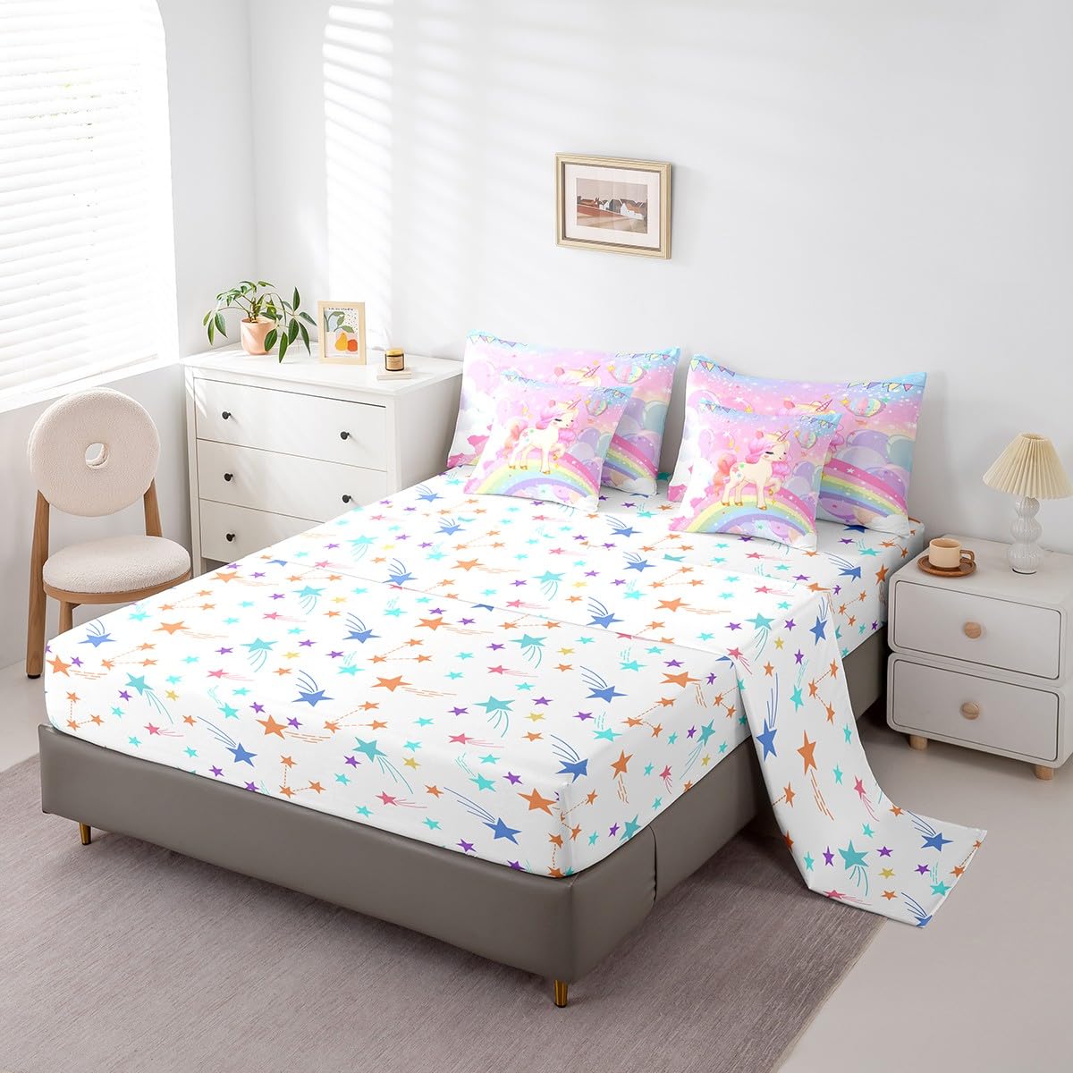 Feelyou Unicorn Girls Bed in a Bag Twin Rainbow Kids Pink Unicorn Comforter Set with Sheets Kawaii Cute Stars 7 Piece Bedding Set Teens Children Adults Cartoon Unicorn Room Decor All Season