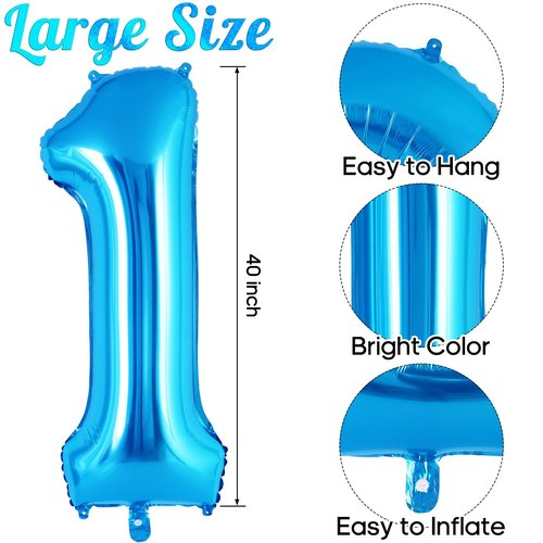 Blue Number 1 Balloon 40 Inch, Big Large Foil Helium Number Balloons, Jumbo Giant Mylar Number 1 Balloons for 1 first Birthday Party Decorations Supplies Anniversary Celebration