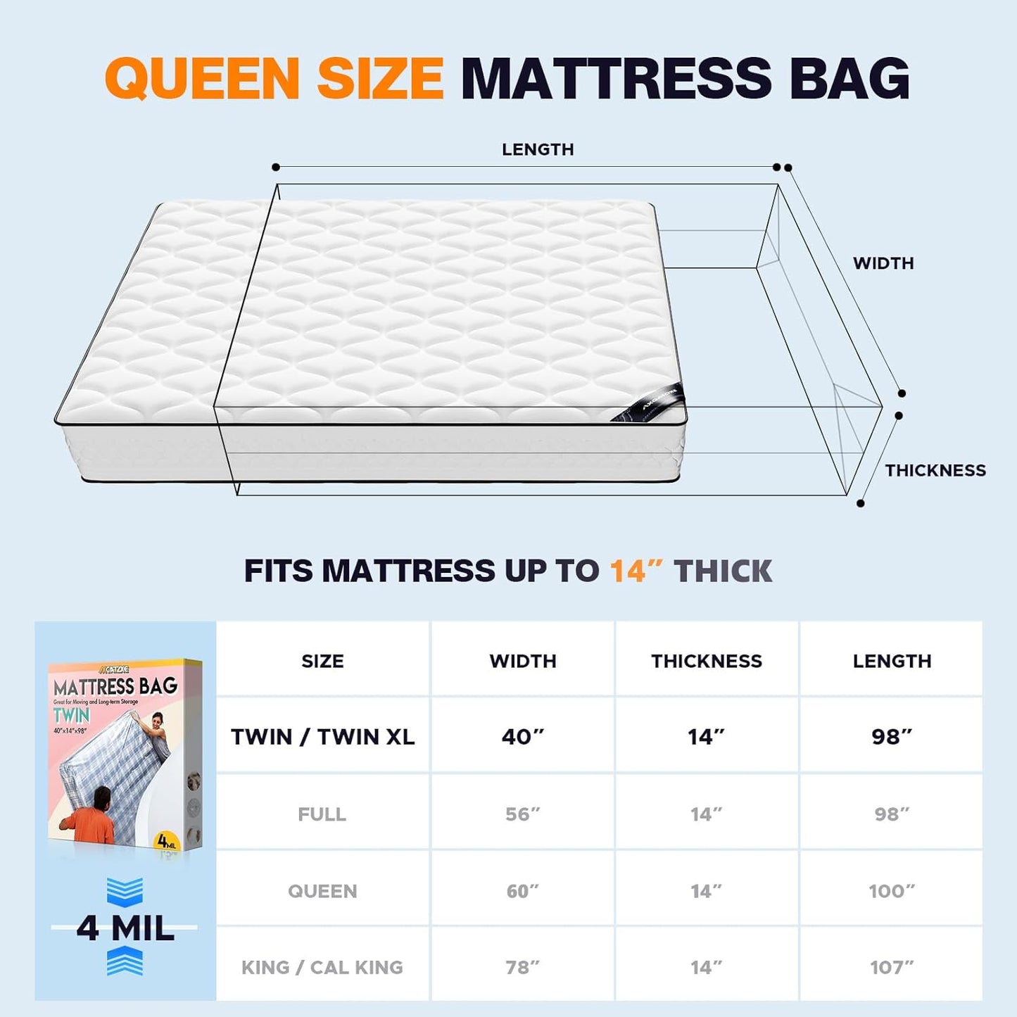 Skiennix Plastic Mattress Bag - Waterproof Protector for Moving Supplies | Twin Size (4MIL)