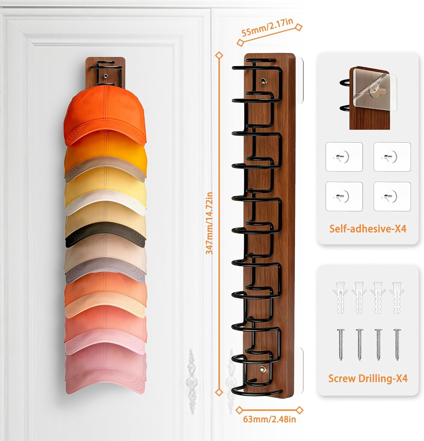 Skiennix Hat Organizer - 2 Pack Wall-Mounted Rack for 22 Baseball Caps | Wood & Metal Design in Brown