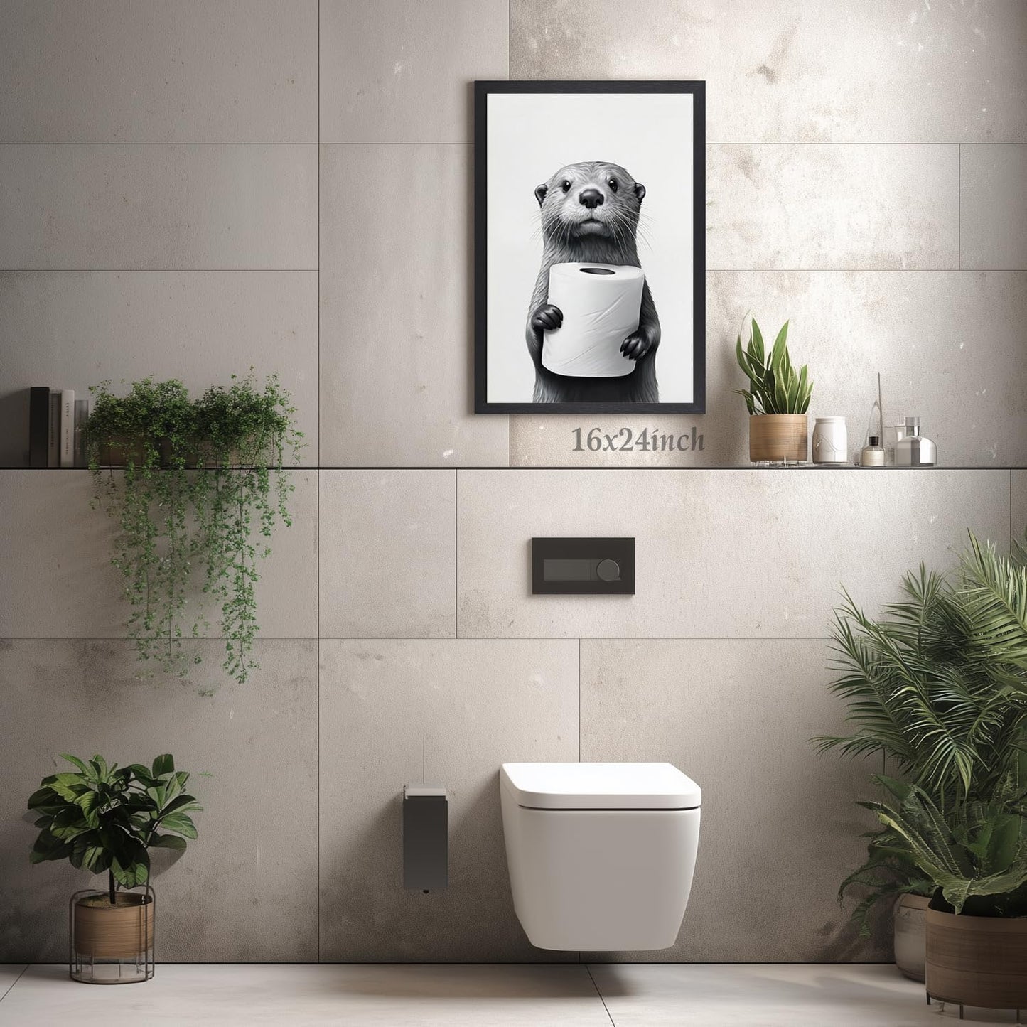 LLEEMPI Otter Toilet Paper Wall Art - Modern Minimalist Black & White Canvas Print | 12x16 Inch Framed Decor