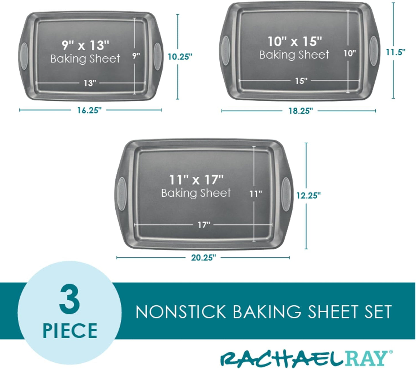 Rachael Ray Nonstick Bakeware Set - 3 Piece Cookie Sheets with Grips in Gray & Sea Salt Gray