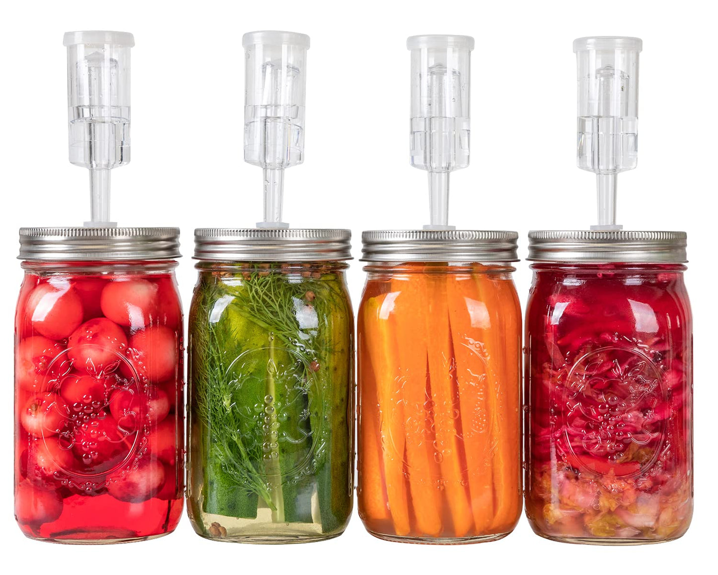 Jillmo Fermentation Lids for Wide Mouth Mason Jars, Stainless Steel Auto Venting Fermenting Lid Kit with Airlocks & Silicone Grommets for Pickles, Kimchi & Sauerkraut, 4 Pack, No Jars Included