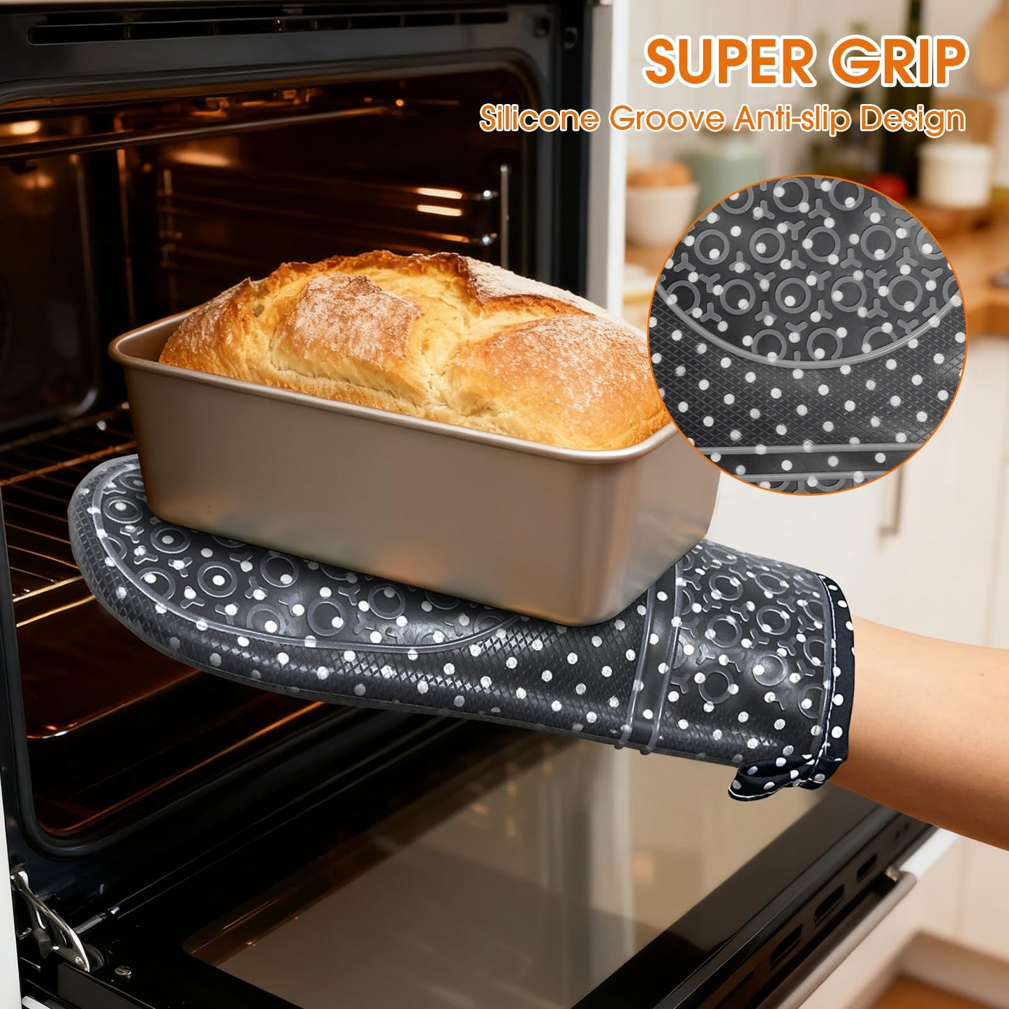 YOMOE Silicone Oven Mitts Set Heat Resistant 2PCS Kitchen Mittens with Soft Cotton Lining Long Waterproof Non-Slip Oven Gloves for Cooking, BBQ, Baking