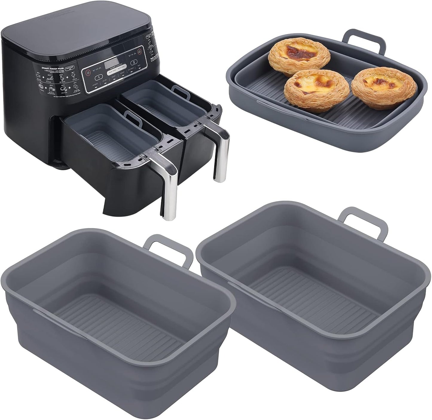NINJA Air Fryer Silicone Liners - Collapsible 2-Pack for 8QT & 10QT | Reusable Gray Basket Pots