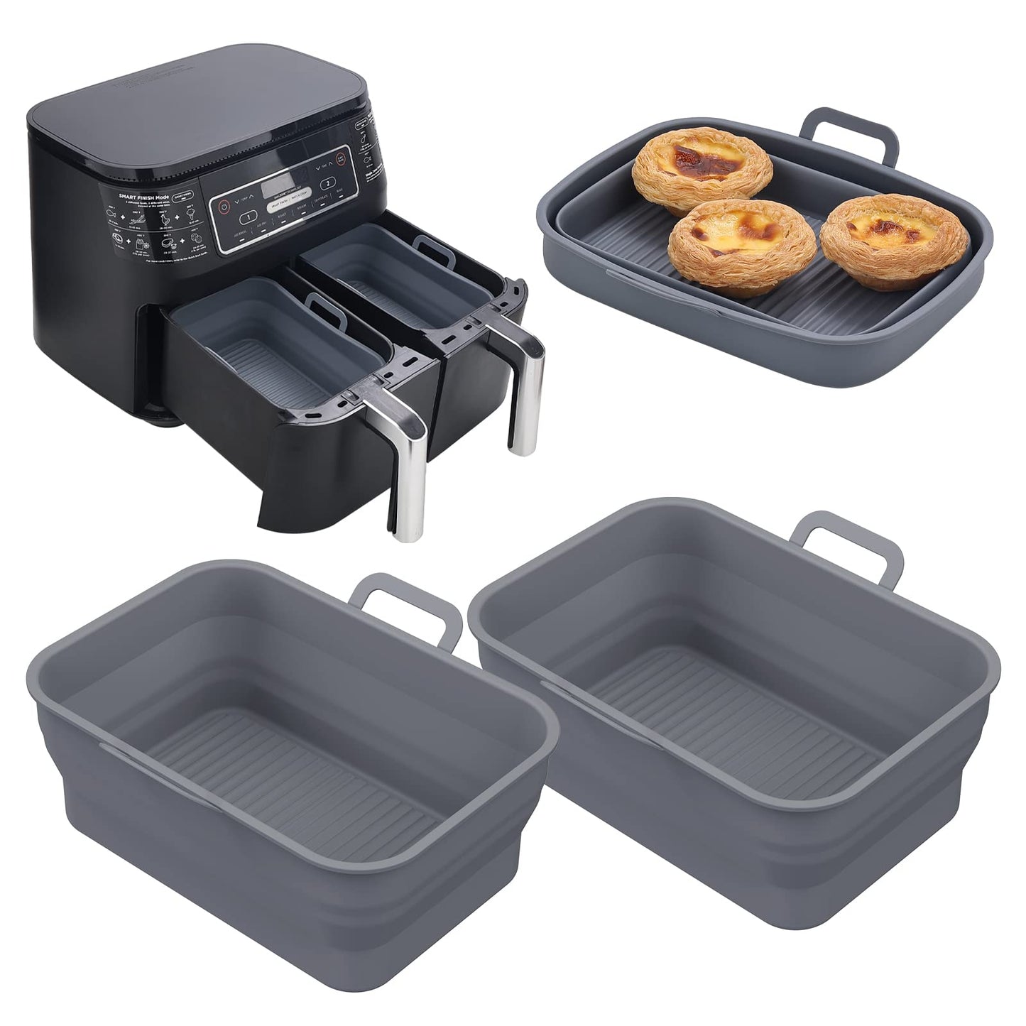 Vangerute Collapsible 2-Pack Air Fryer Silicone Liners for 8QT & 10QT NINJA Foodi Dual, Reusable Rectangular Silicone Basket Pot for Air Fryer Accessories (Gray)