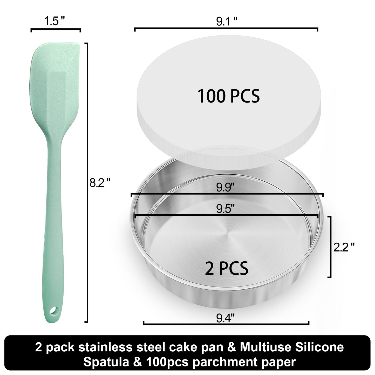 9½ Inch Cake Pan Set of 2, Nonstick Circle Stainless Steel Round Layer Cake Baking Pans Tins with 100PCS Parchment Paper for Birthday Christmas, Healthy & Non-Toxic, Silicone Spatula & Dishwasher Safe