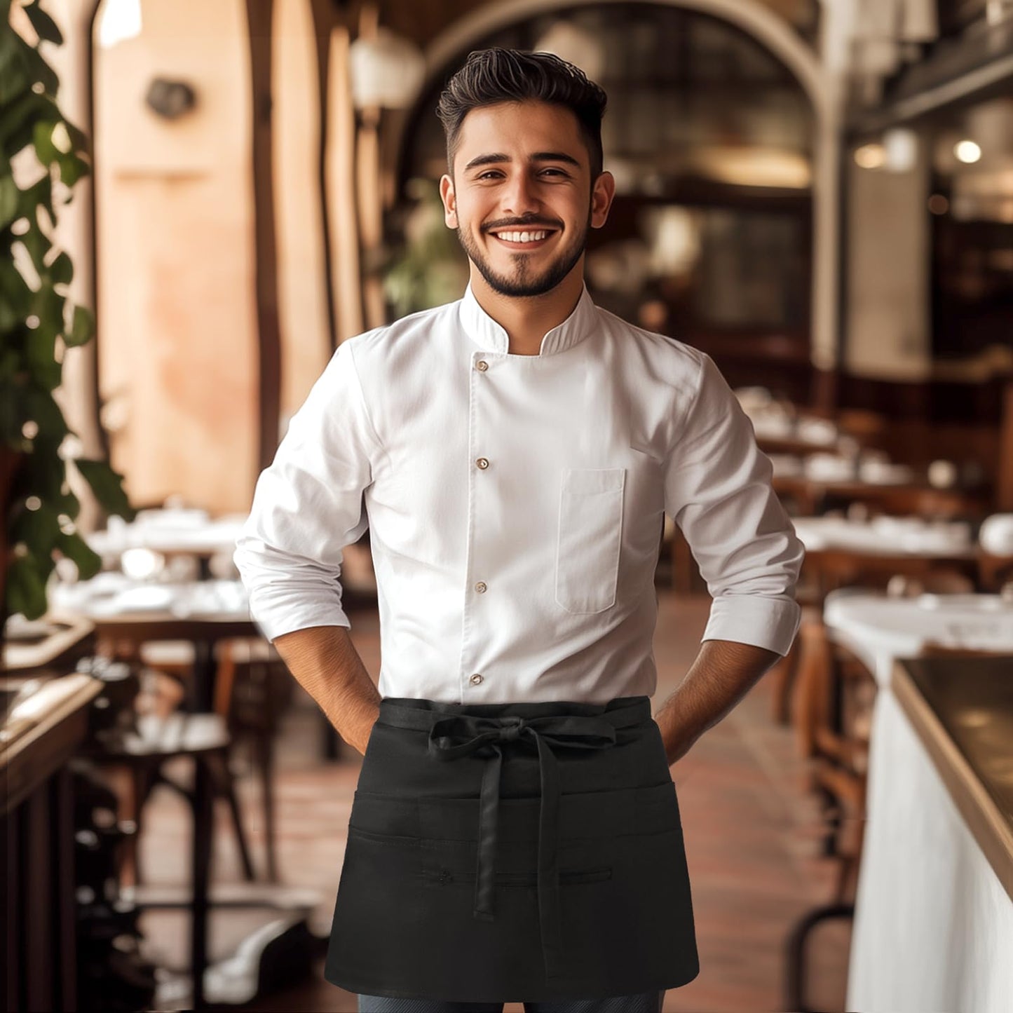 NLUS 2 Pack Server Apron with 8 Pockets, Water-Resistant Waiter Waitress Waist Half Apron for Women Men, 12 x 24 Inch - Black