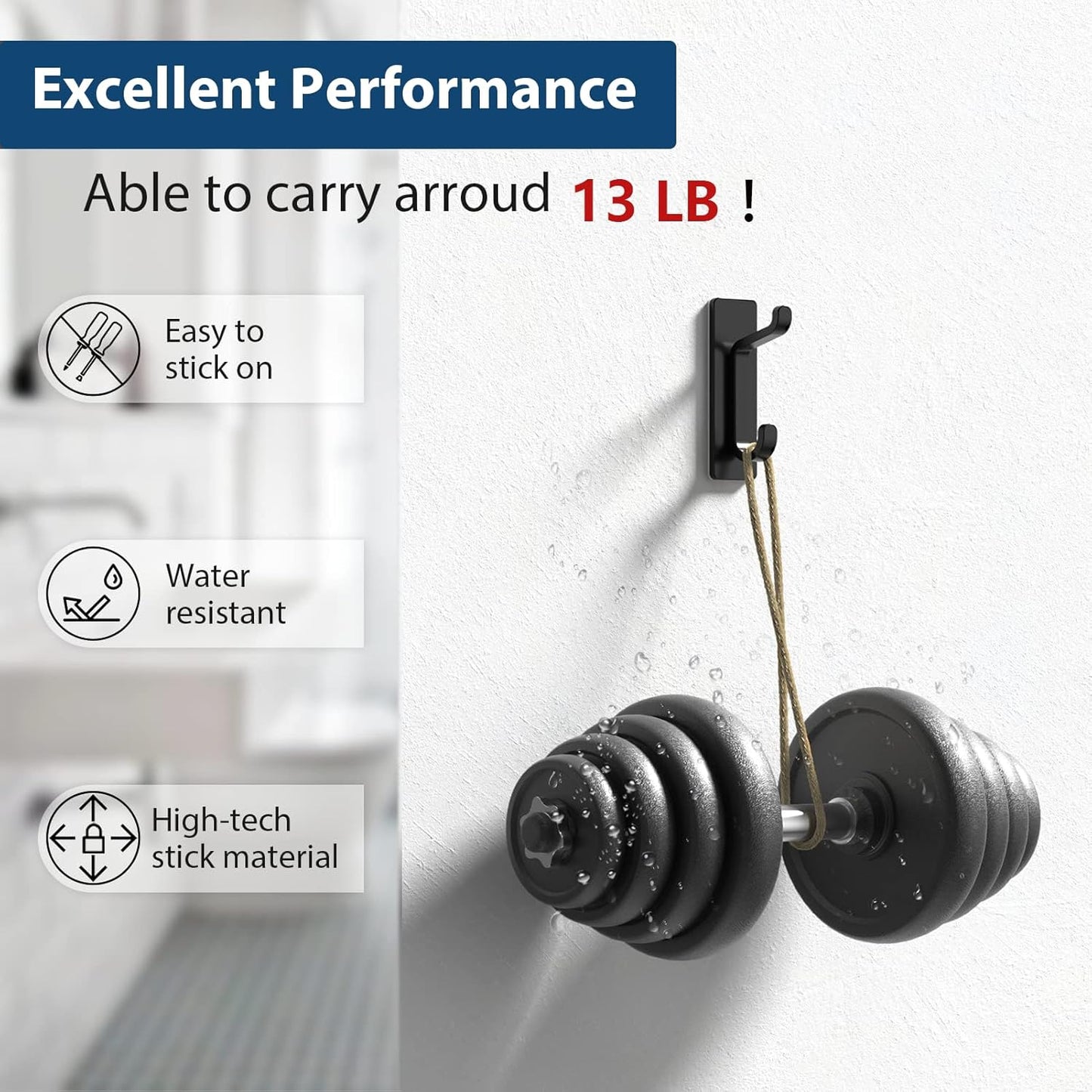 Pickpiff Wall Hooks - Strong Adhesive Coat and Towel Hangers | 13LB Capacity, Black, 4 Pack