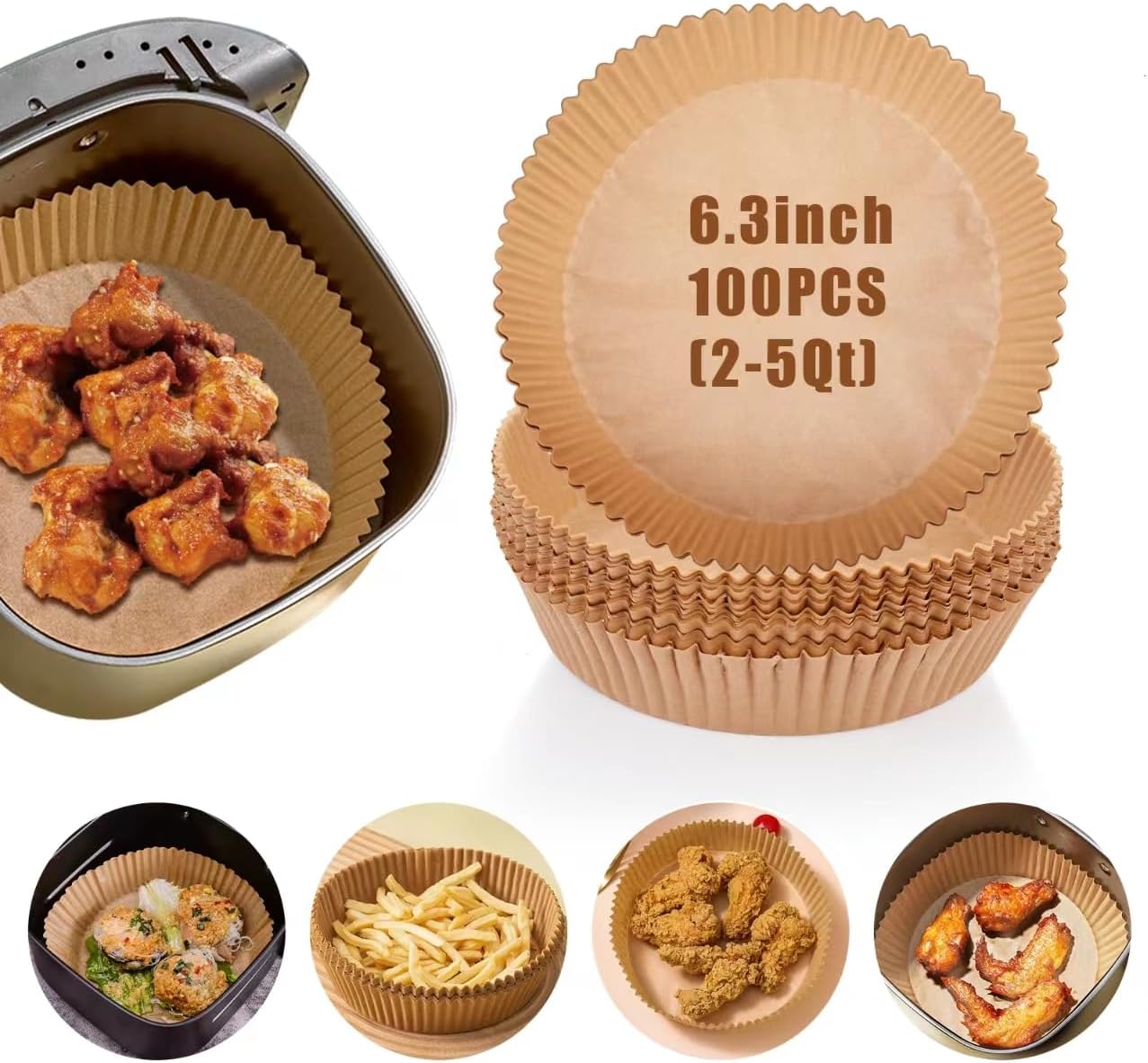 Skiennix Air Fryer Liners - 100PCS Non-Stick Parchment Paper, 6.3 Inch Round for 2-5QT Air Fryers | Baking & Roasting