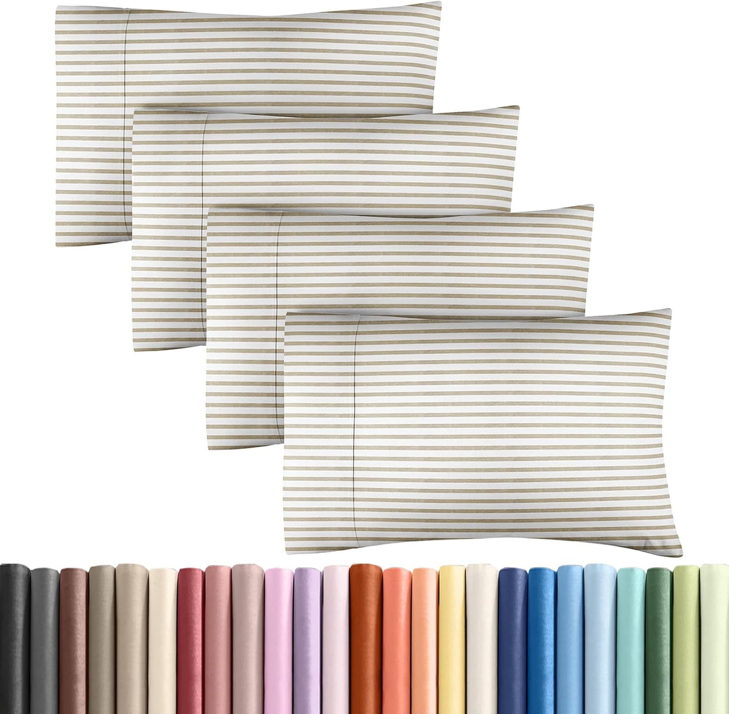 Skiennix King Pillow Cases Set of 4 - Ultra Soft Hotel Quality Covers - Wrinkle Free & Fade Resistant - Beige Stripes