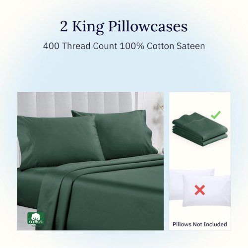 California Design Den King Size Pillowcase Set - 400 Thread Count 100% Cotton Sateen | Soft Breathable Hunter Green - Set of 2