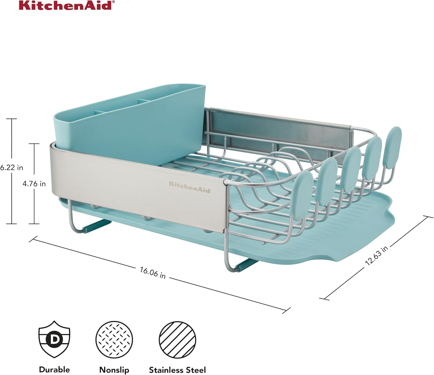 KitchenAid Compact Dish Rack - Rust Resistant with Removable Flatware Caddy | 12.63 x 15.87 Inch, Mineral Water