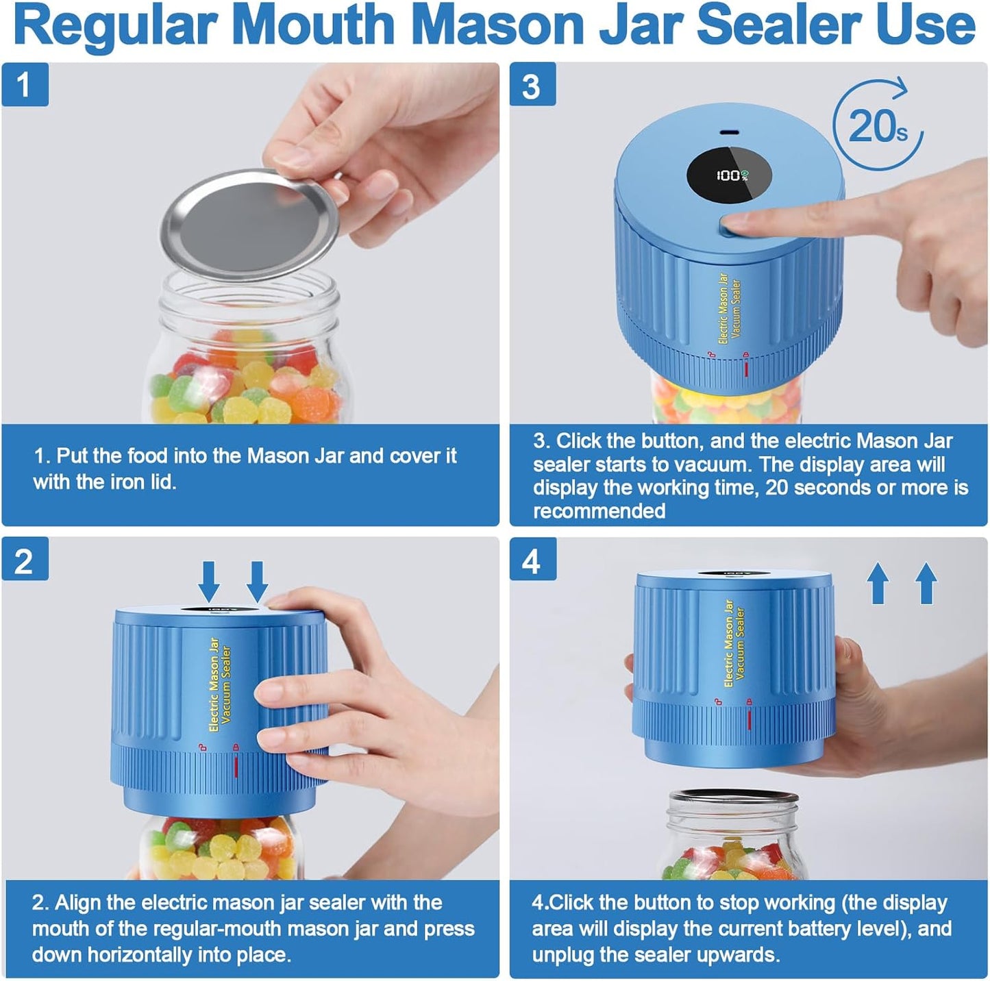 LOVE MOMENT Electric Mason Jar Vacuum Sealer Kit - Blue for Wide & Regular Mouth Jars