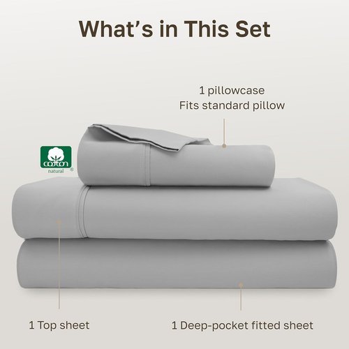 California Design Den 100% Cotton Twin Size Sheet Set - 400 Thread Count, Silky Smooth & Breathable - Light Grey