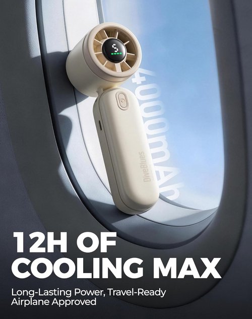 Diveblues Handheld Fan - 3-in-1 Portable Turbo Fan with LED Display | 12-Hour Max Cooling, 4000mAh Battery
