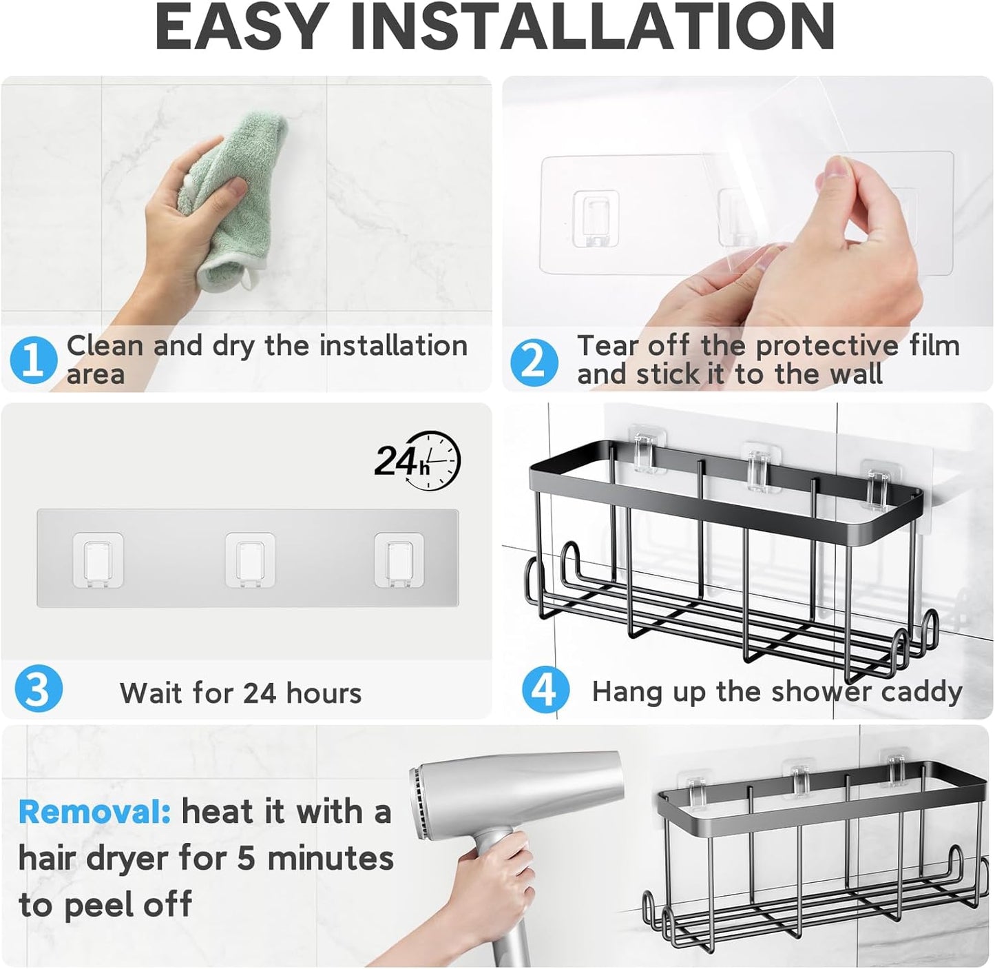 Lsnisni Shower Caddy Adhesive Replacement - Waterproof Shelf Strips & Strong Hooks | 14 Pack, Clear