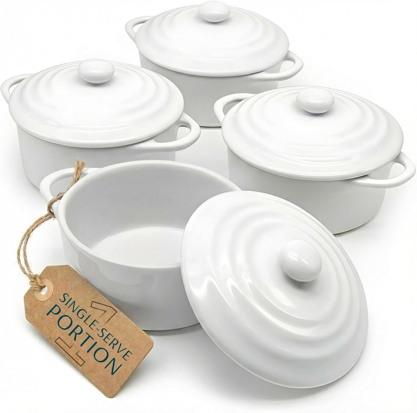 Kook Ceramic Mini Cocotte Set - Small Casserole Dishes with Lids | Oven Safe 350°F, 12 oz, Set of 4 (Swiss White)