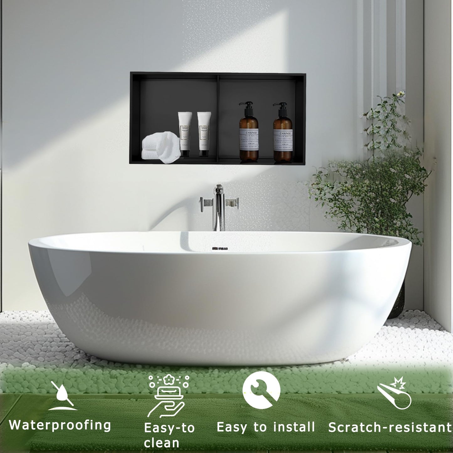 HOTIS 12"×24" Black Double Selves Shower Niche, Stainless Steel Recessed Bathroom Niche, No Tile Needed Bathroom Wall Niche, Waterproof Recessed Wall Mounted Insert Storage Caddy, Matte Black