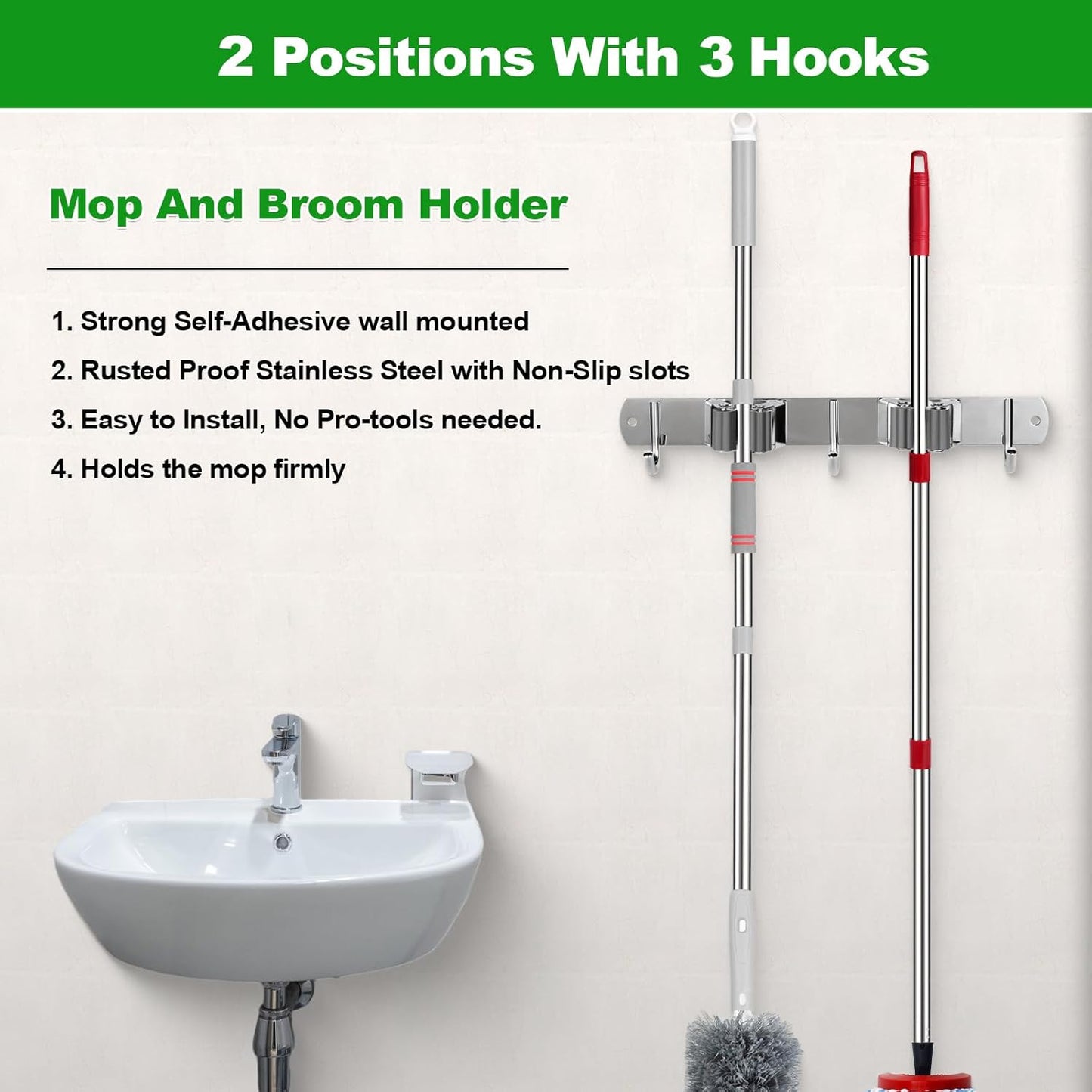 Voze Mop and Broom Holder - 2 Racks & 3 Hooks | Heavy-Duty Wall Mount Organizer for Kitchen & Garage