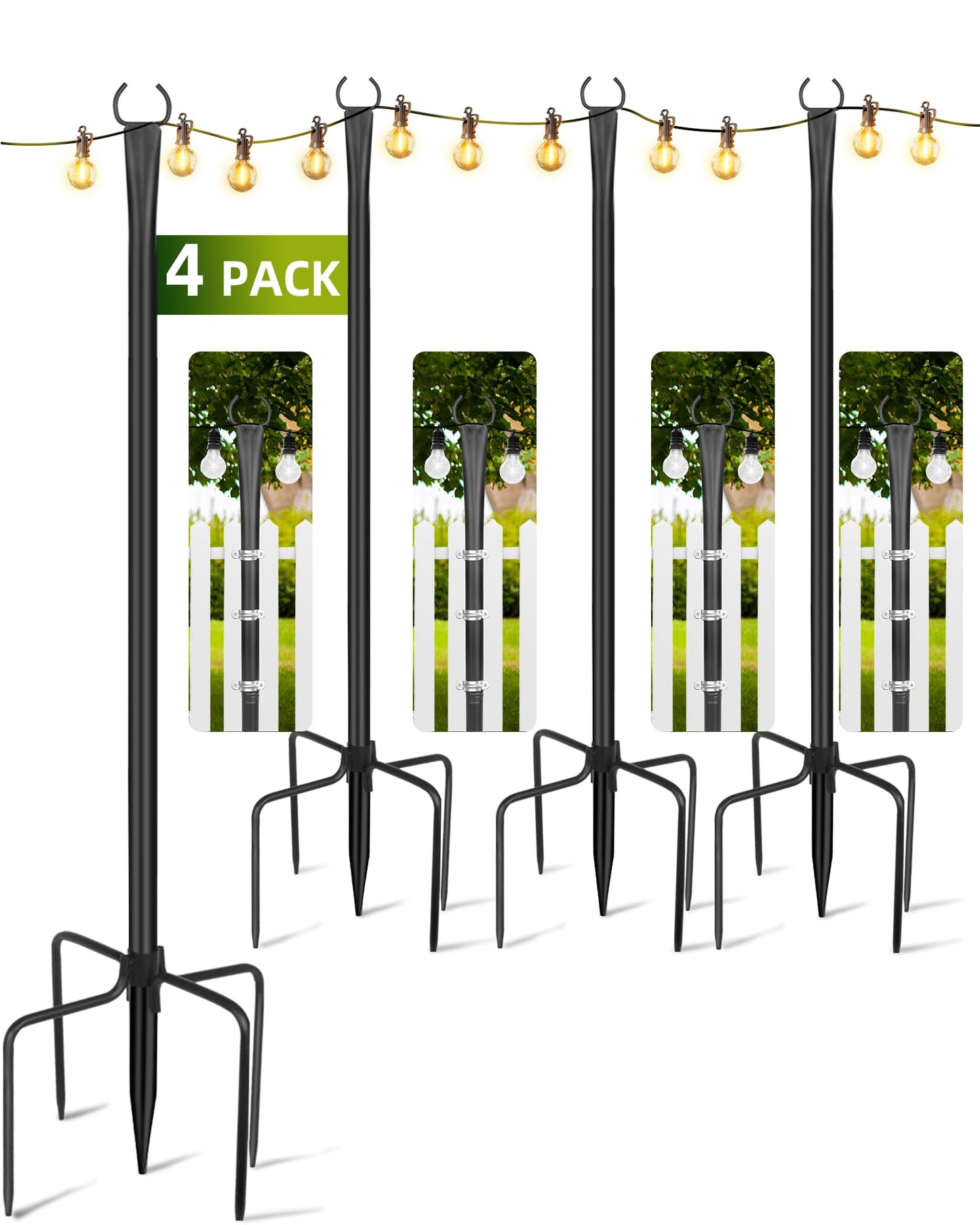 LRYXEG String Light Poles for Outside 4 Pack, 10ft Metal Outdoor String Light Poles for Deck - Ideal for Patio, Garden, Yard, Front Porch Decorations, Black