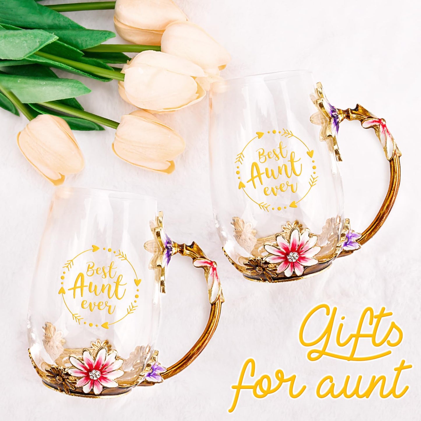 OEAGO Gifts for Aunt from Niece Nephew Tea Cup Cool Birthday Gift Enamel Flower Glass Mugs Christmas Mothers Day New Aunt Announcement Promoted