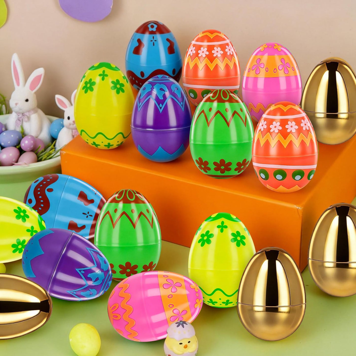 MGparty 50 Pcs Plastic Easter Eggs Empty 2.3 Inch Fillable Easter Eggs Bulk with 2 Golden Eggs, Printed Plastic Eggs for Easter Egg Hunt, Basket Stuffers, Party Favors, Classroom Prizes Decorations
