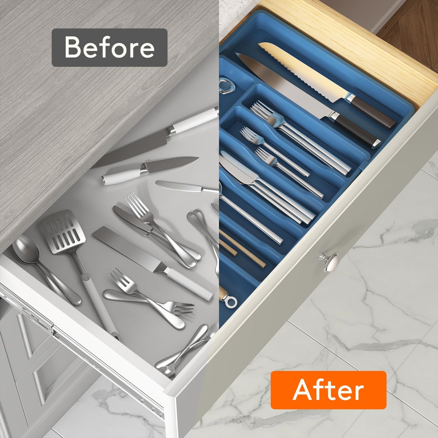 Lifewit Silverware Drawer Organizer, Expandable Utensil Tray for Kitchen, BPA Free Flatware and Cutlery Holder, Adjustable Plastic Storage for Spoons Forks Knives, 13-22 x 15", Dark Blue