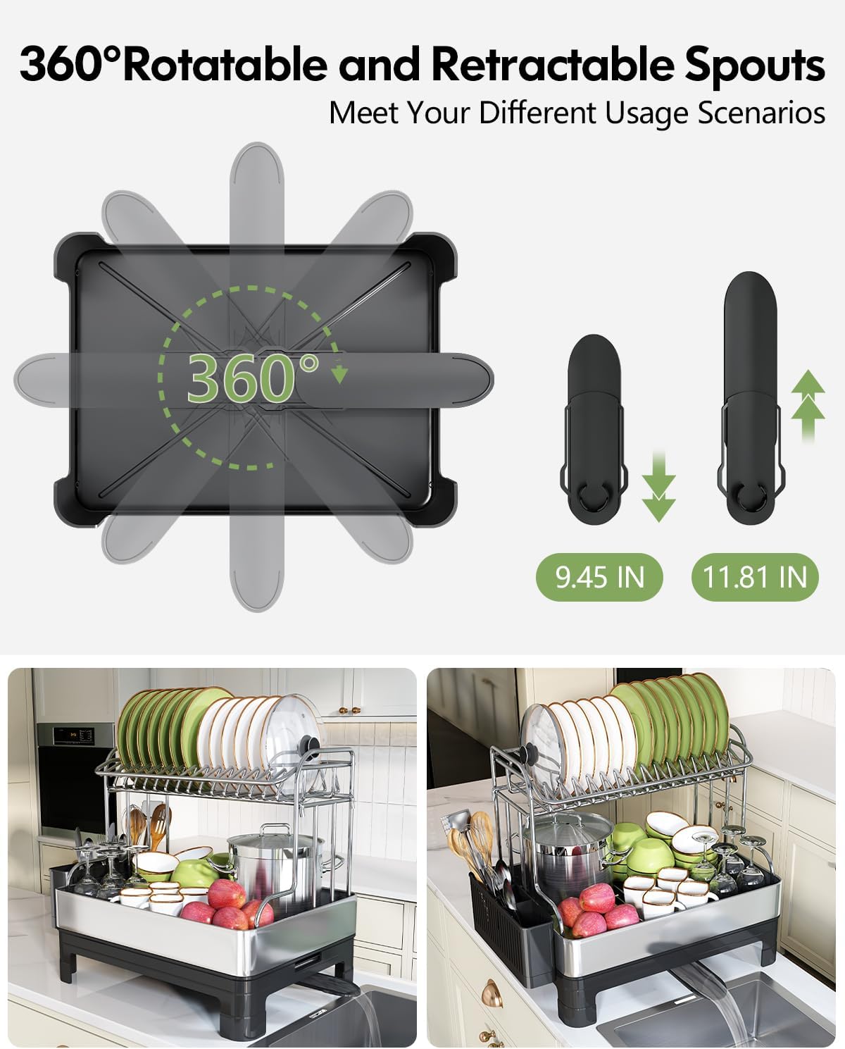 Skiennix Extra Large Stainless Steel Dish Drainer - Modern Black & Silver, Rust Proof, Space Saving Design