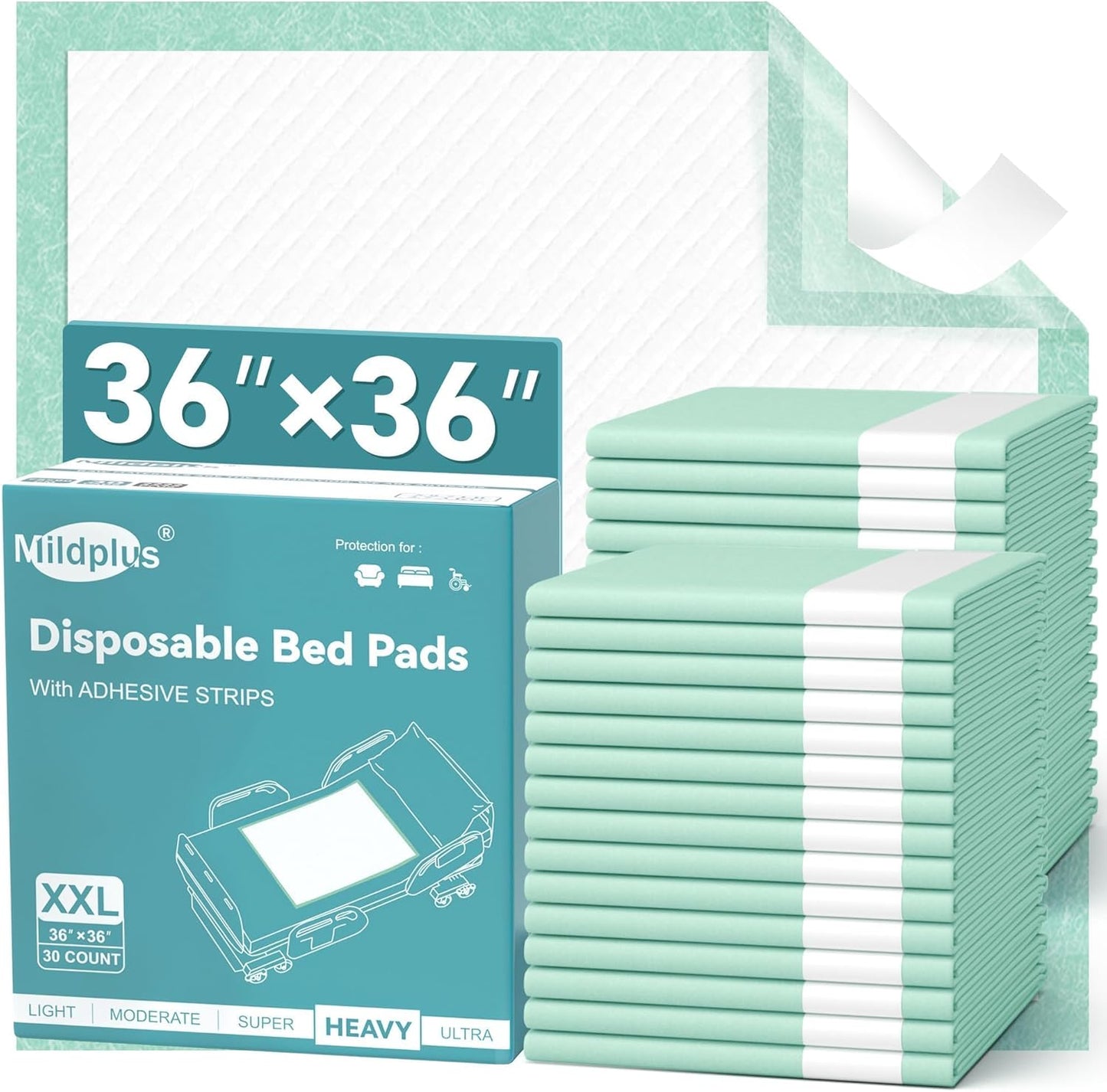 MILDPLUS Disposable Bed Pads - Extra Large 36''x36'' Incontinence Underpads with Adhesive Strips | 30 Count