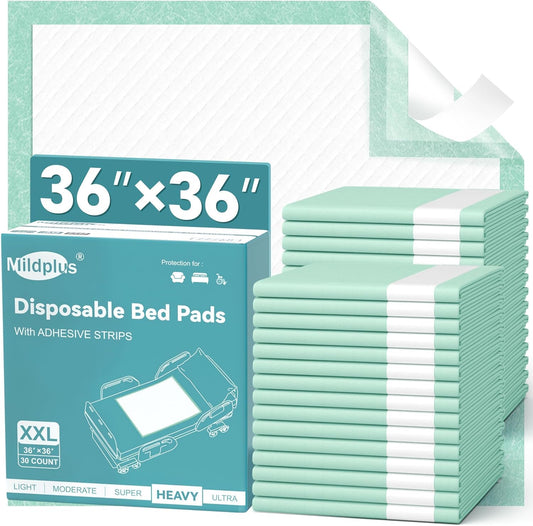 MILDPLUS Disposable Bed Pads - Extra Large 36''x36'' Incontinence Underpads with Adhesive Strips | 30 Count