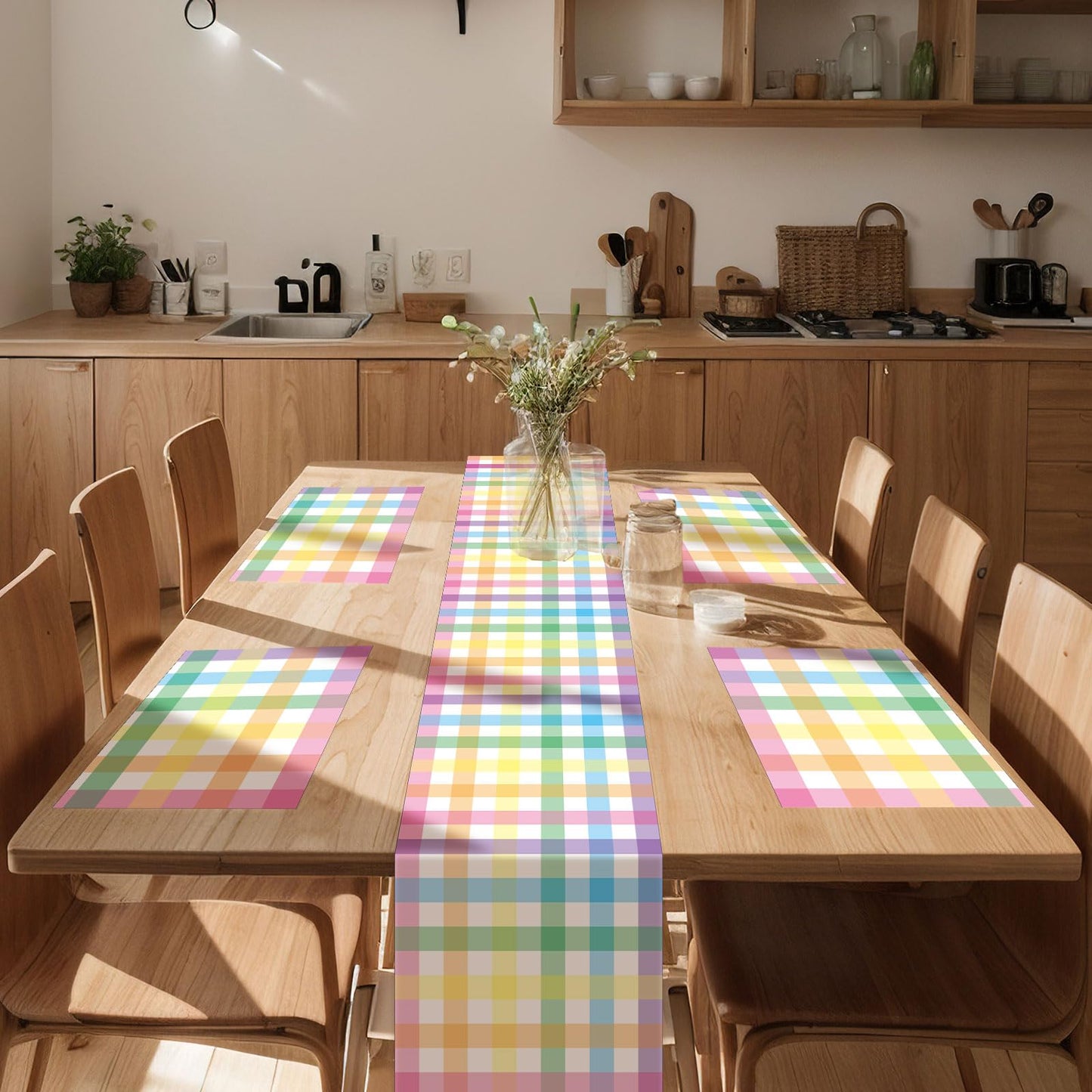 Mindsoft 7 Pcs Easter Buffalo Bunny Rabbit Table Runner and Placemat Set Include 6 Table Placemat Seasonal Easter Centerpieces Decoration for Home Dining Kitchen Spring Decor(Buffalo Plaid)